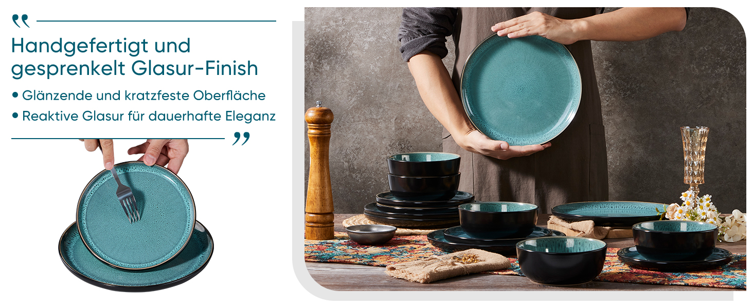 Набір посуду HaWare для 6 осіб, 18 предметів: тарілки, десертні тарілки, миски, стельова глазур, посуд для сервірування столу, блакитний колір, безпечний для мікрохвильовки та посудомийної машини