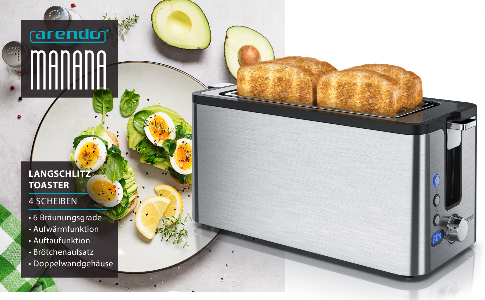 Тостер Arendo з нержавіючої сталі, 4 слоти, підігрів, підставка для бургерів, 1400 Вт, лоток для крихт, дисплей з таймером, сріблястий