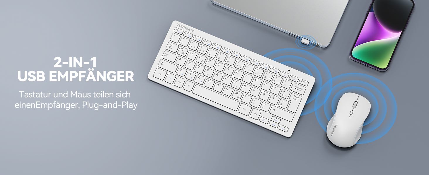 TECKNET Бездротовий комплект клавіатури та миші, QWERTZ, 2.4 GHz, 15м, тиха клавіатура та миша для ПК, ноутбука, Smart TV, білий