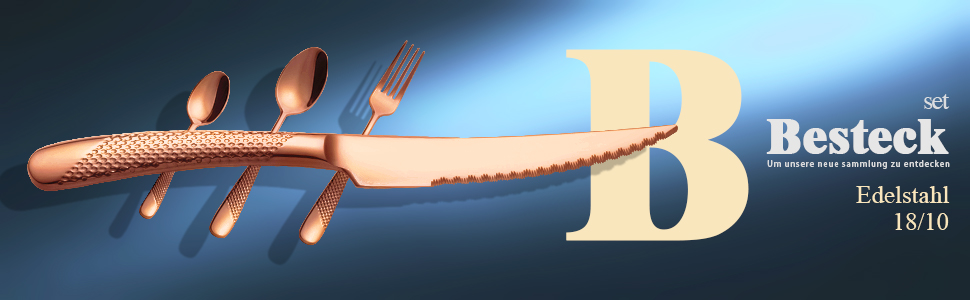 Набір столових приборів 24 предмети, нержавіюча сталь 18/10, мідний колір, сучасний дизайн, з двостороннім зазубреним ножем, для 6 осіб, можна мити в посудомийній машині