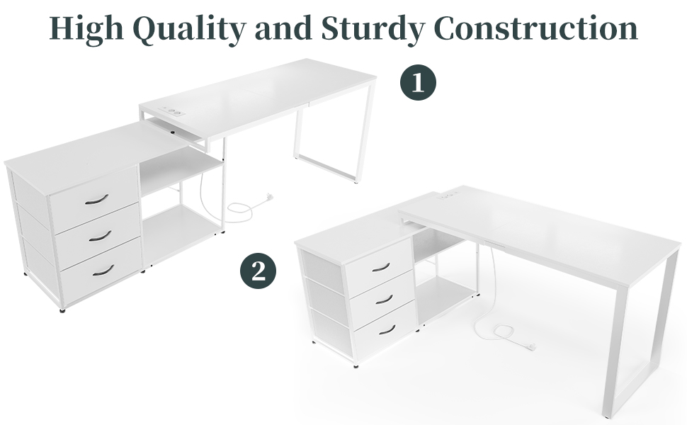 TriumphKey L-Shaped Desk with 3 Drawers & Storage, 140 x 105 x 75 cm - Reversible Corner Desk with USB Charging Ports & Power Outlets, White