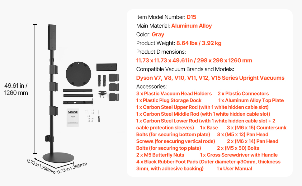 Підставка для пилососа VEVOR 126 см, сумісна з Dyson G5 V15 V12 V11 V10 V8 V7 V6, з аксесуарами, 6 гачків, антиковзаючі ніжки, срібна