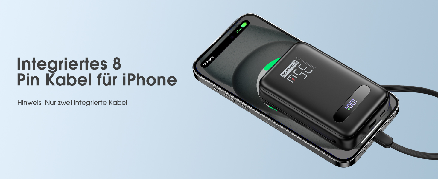 Powerbank 20000mAh з PD 35W, USB-C кабель, LED дисплеєм та 8 Pin кабелем. Чорний акумулятор для iPhone, iPad, Samsung Galaxy, Huawei та інших пристроїв