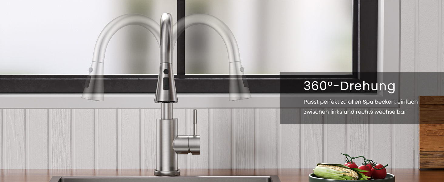 Кухонний змішувач Dayone з висувною лійкою, нержавіюча сталь SUS304, високий тиск, кухонний кран з 2 функціями, поворотна на 360°, для кухні