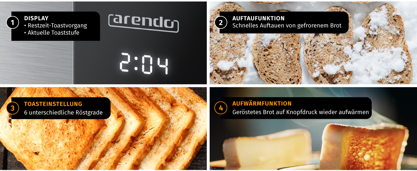Тостер Arendo з нержавіючої сталі, 4 слоти, сенсорний екран, подвійні стінки, 1500 Вт, підставка для булочок, 6 ступенів підсмажування, центрування хліба, таймер, пам'ять, колір: сталевий