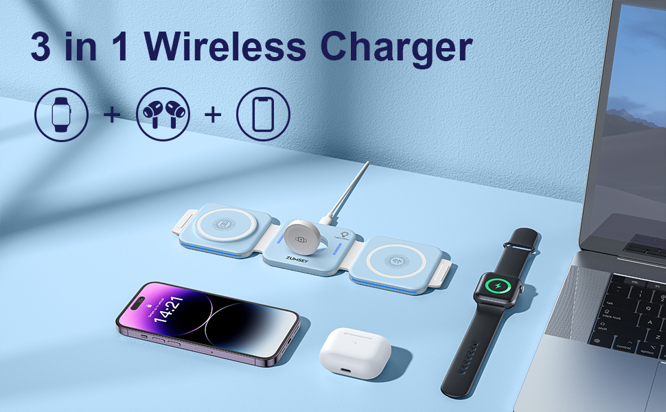 3-в-1 Бездротова зарядка для Apple Watch, iPhone та AirPods (блакитна)