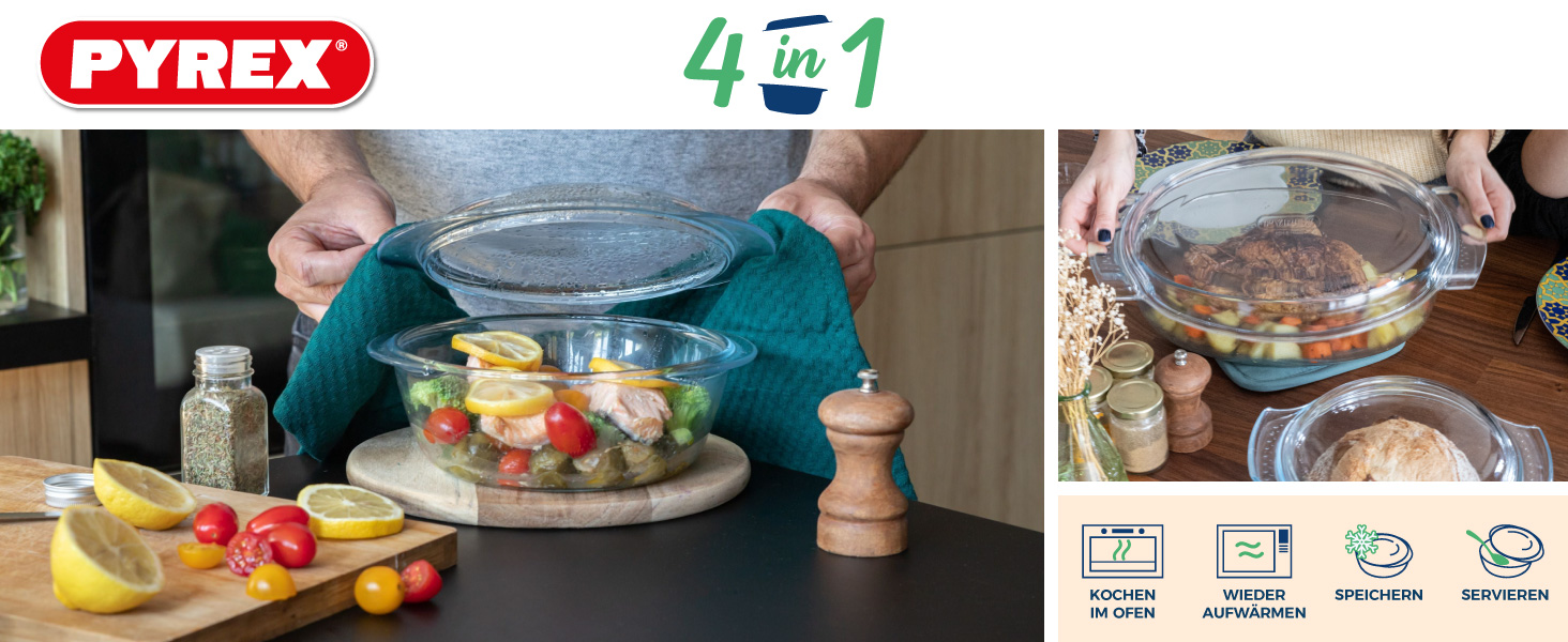 Набір Pyrex 4-в-1: 2 жаростійкі каструлі 1,6 л і 2,3 л, боросилікатне скло, для духовки, мікрохвильовки, пароварки, посудомийки
