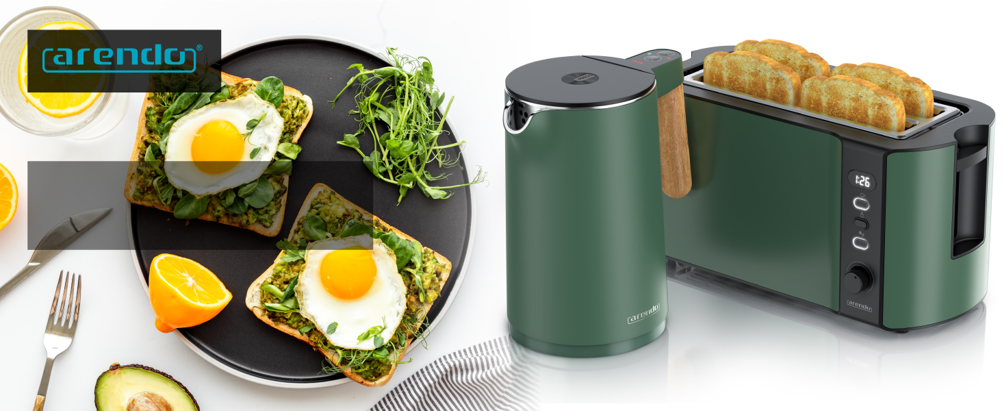 Набір кухонної техніки Arendo: електрочайник з регулюванням температури та тостер з 4-ма слотами (зелений)