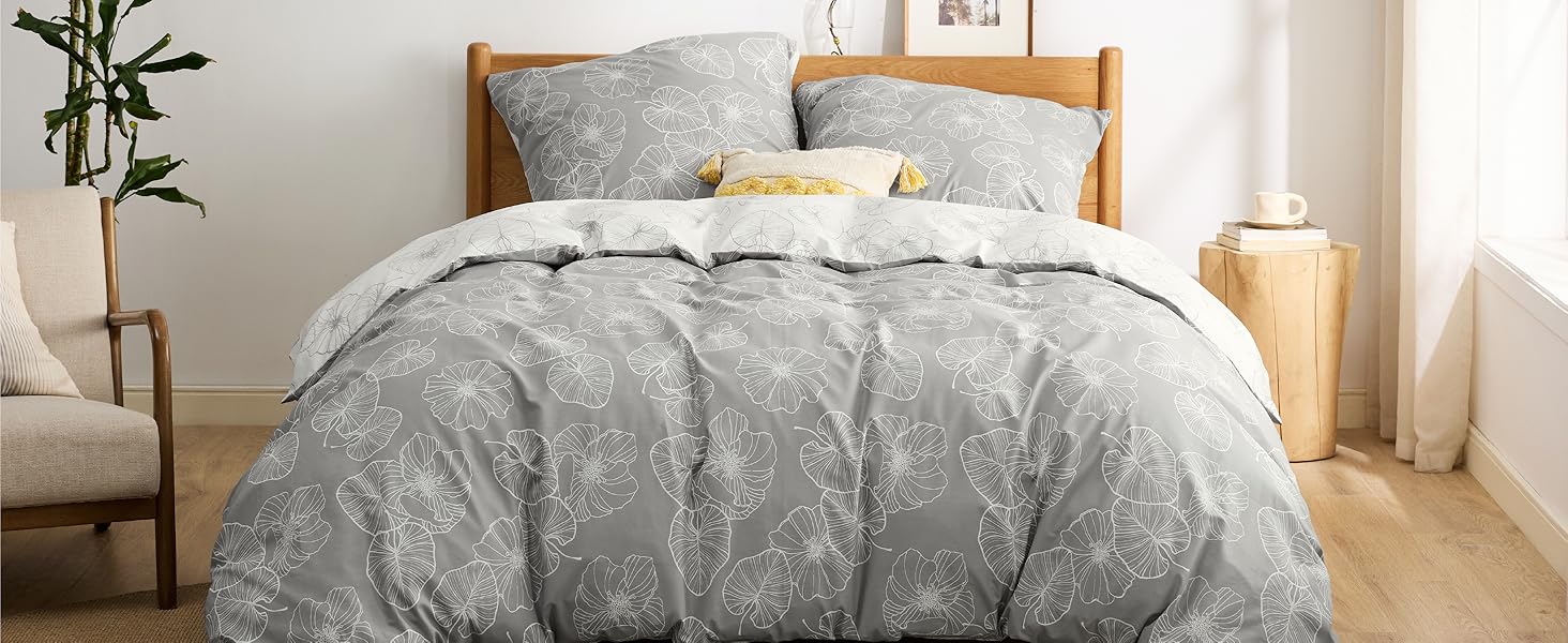BEDSURE Комплект постільної білизни 135x200, бавовна, 4-х частинний - сірий, з крізь-застібкою, з двома наволочками 80x80 см, з малюнком гілок, сертифікат ÖKO-TEX