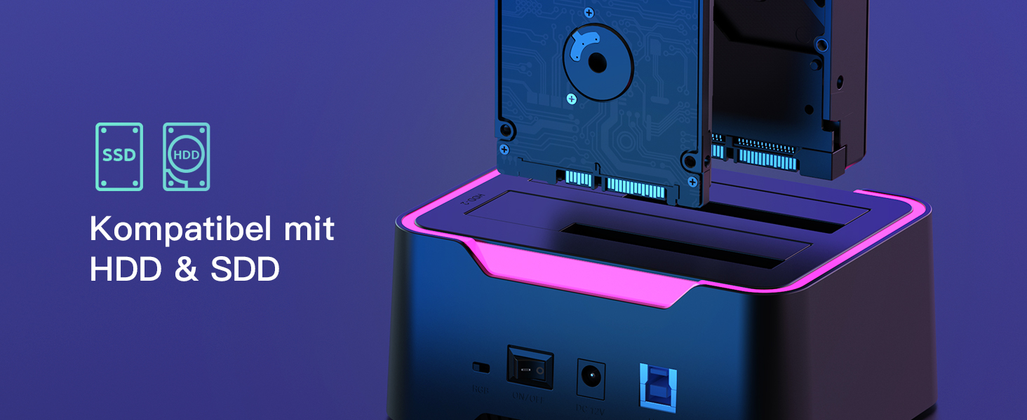 Док-станція Inateck USB 3.0 для HDD/SSD 2.5/3.5 дюймів, Dual-Dock, підтримка Offline-клонування, RGB, SA02002