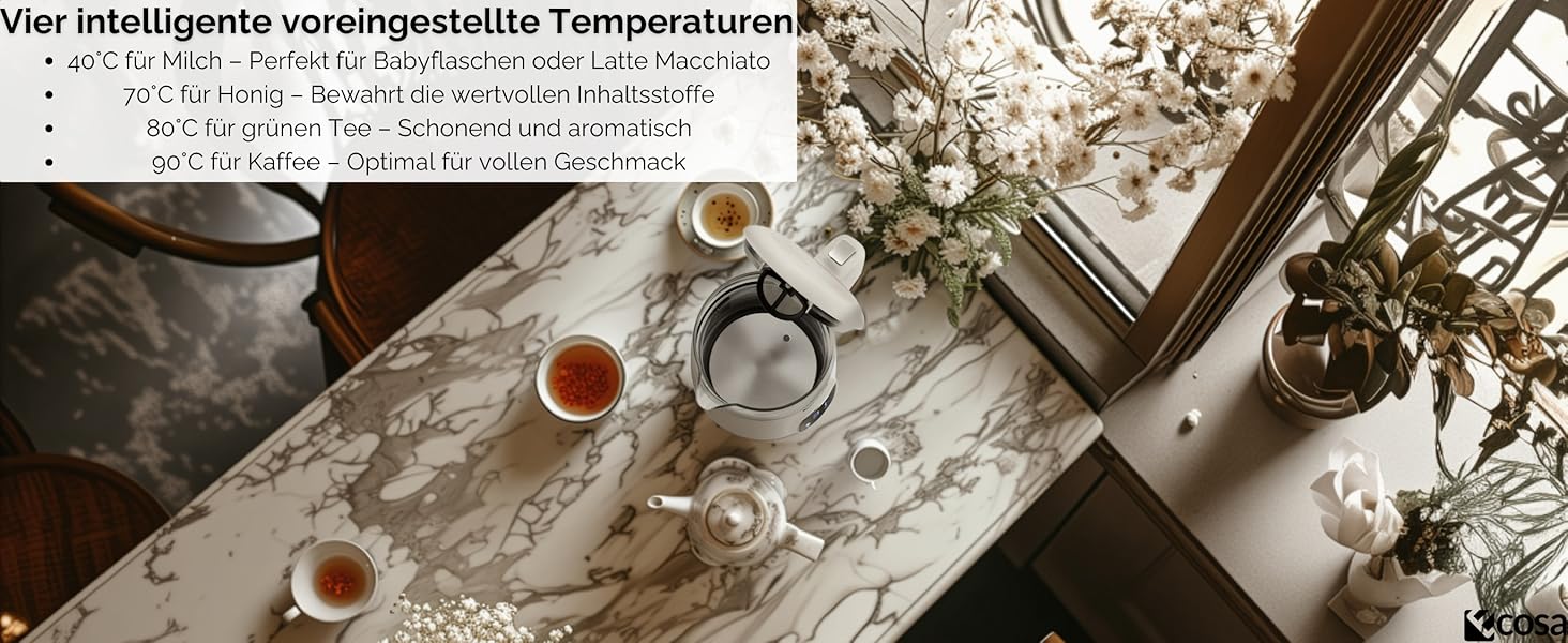 Електричний чайник Ecosa® зі скляною колбою та нержавіючою сталлю, 1.7 л, 2200 Вт, регулювання температури 40-100°C, функція підігріву, LED-підсвічування, без BPA (Woldo White)