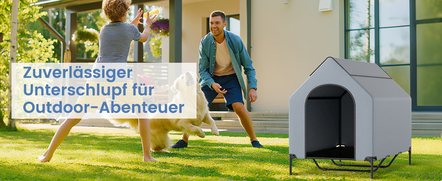 Будка для собак COSTWAY 2 в 1 з піднятим ліжком, Outdoor, сірий Оксфорд (84 x 132 x 114 см)