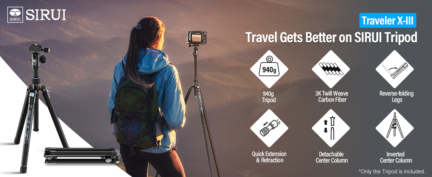 Штатив відео SIRUI Traveler X-III з вуглецевого волокна, 0.95kg, з Fluid-головкою та системою швидкої фіксації Arca Swiss, для DSLR/відеозйомки, реверсивна центральна колона