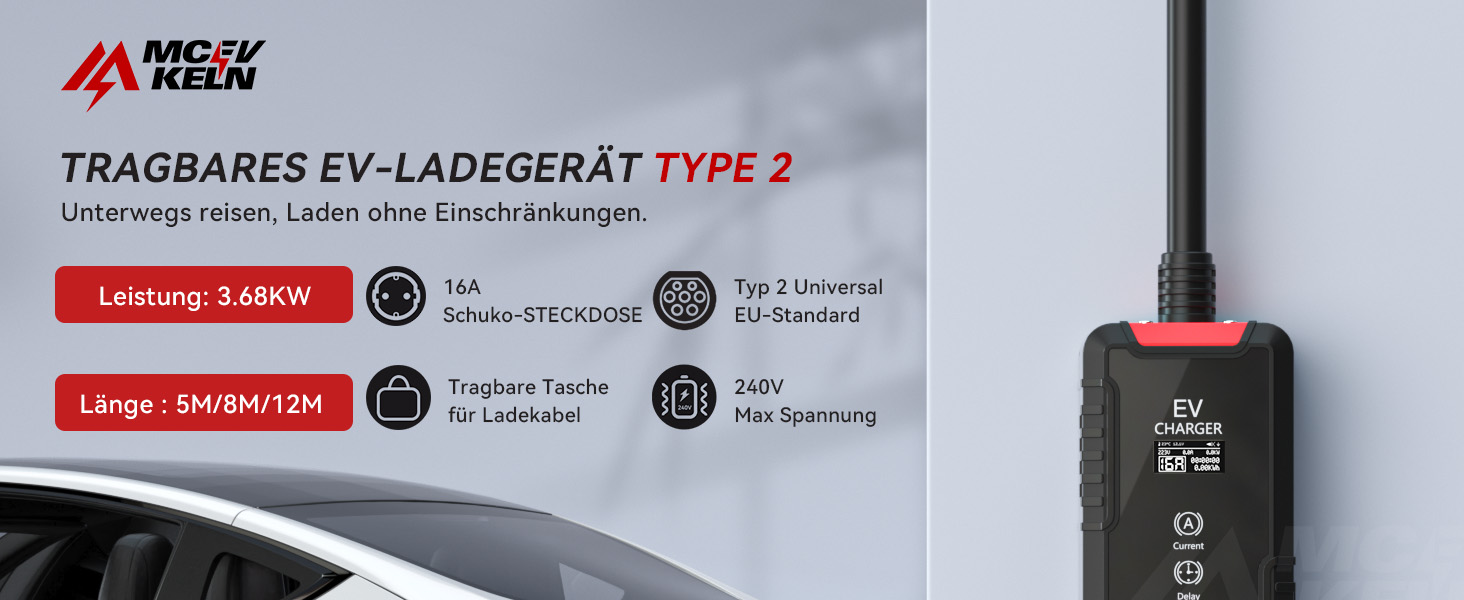 Кабель для зарядки електромобіля Type 2 Schuko 3.6 кВт, 5м, IP65, 16A - Зарядний пристрій для електрокарів та гібридів