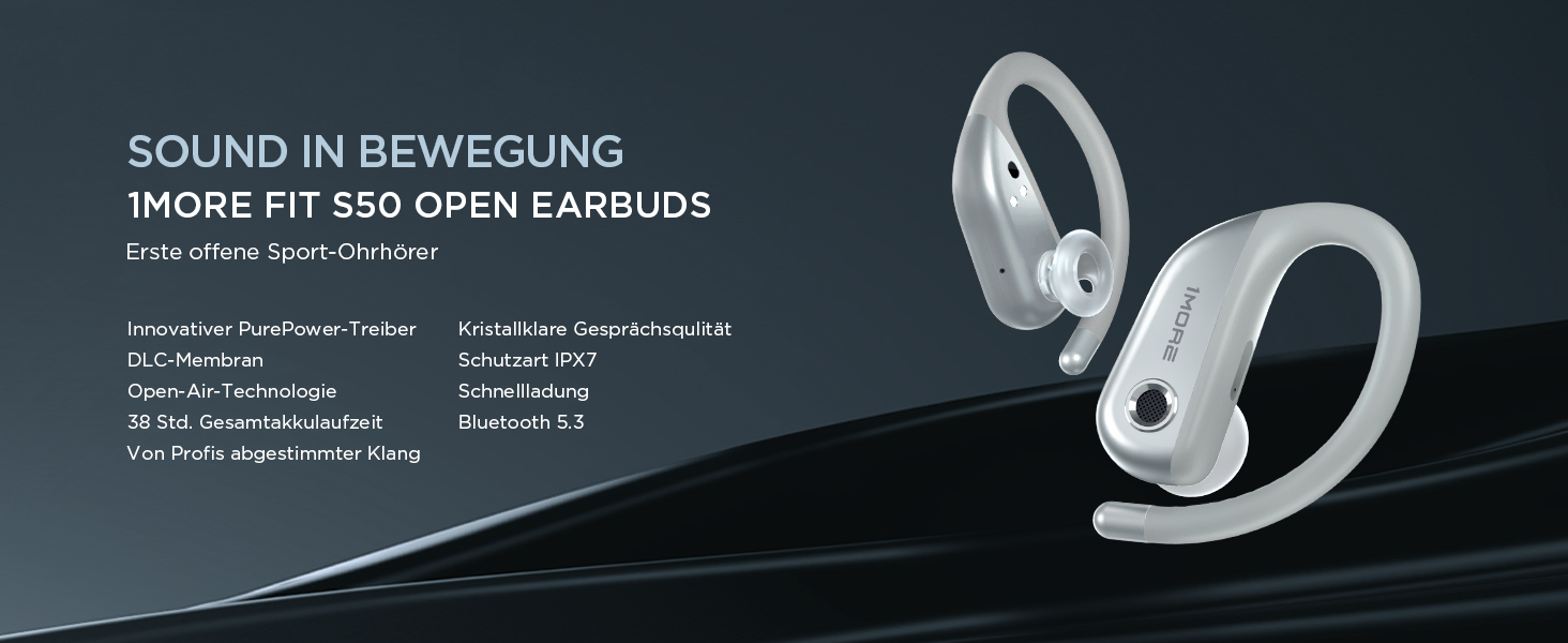 1MORE Fit S50 - Бездротові навушники-вкладки для спорту, Bluetooth 5.3, ENC, IPX7, 38 годин, з мікрофоном (Сріблясті)