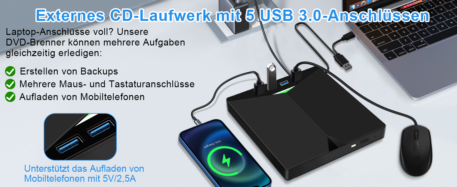 Зовнішній USB 3.0 CD/DVD привід-записувач з Type-C та багатофункціональним картрідером (USB, SD, TF) для ноутбука та ПК, Windows/Linux