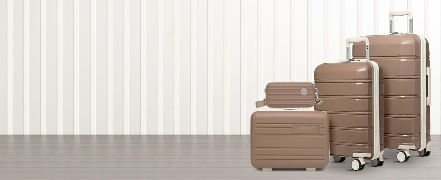 Набір валіз Joyway 3 в 1 з твердим корпусом, 4 колеса, TSA-замок, коричневий/білий. В комплекті: косметичка та сумка для перенесення.