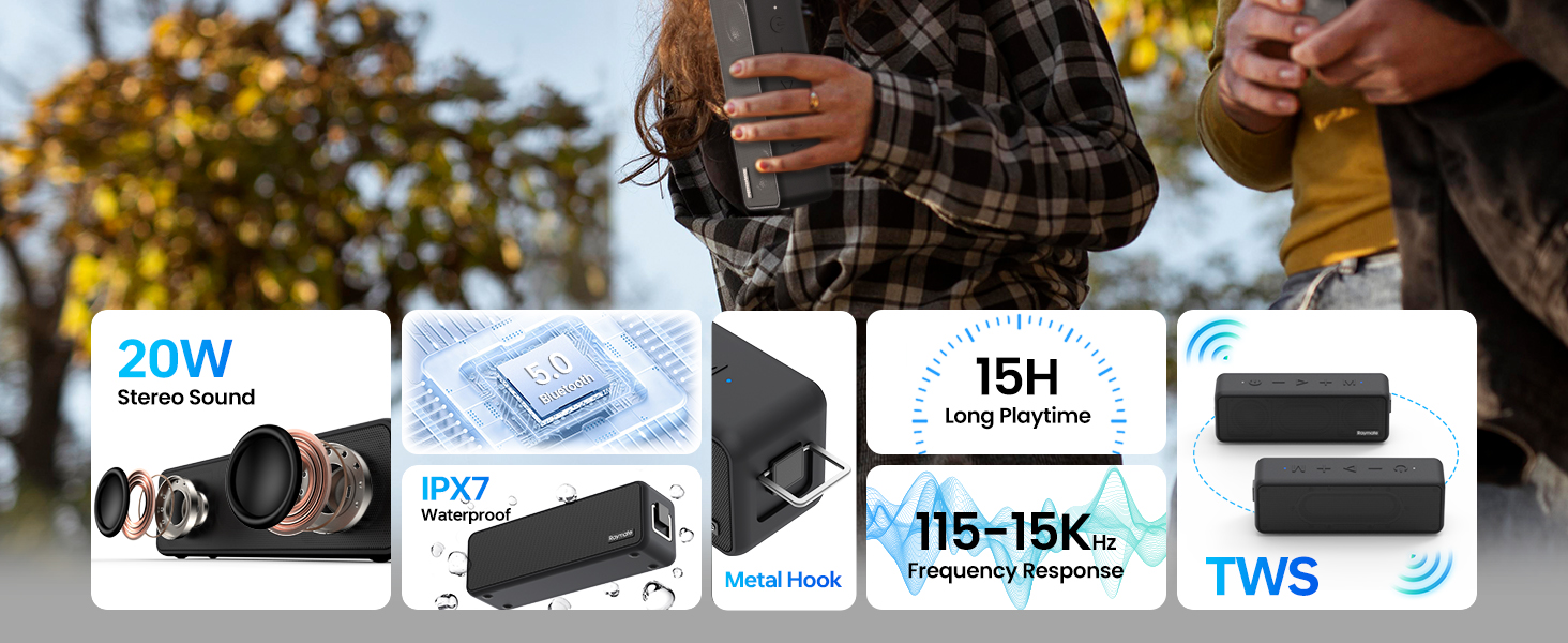 Raymate Bluetooth Портативна Колонка з Подвійним Басом 20W, IPX7 Водонепроникна, TWS, 15 годин, для дому та на вулицю (червона)