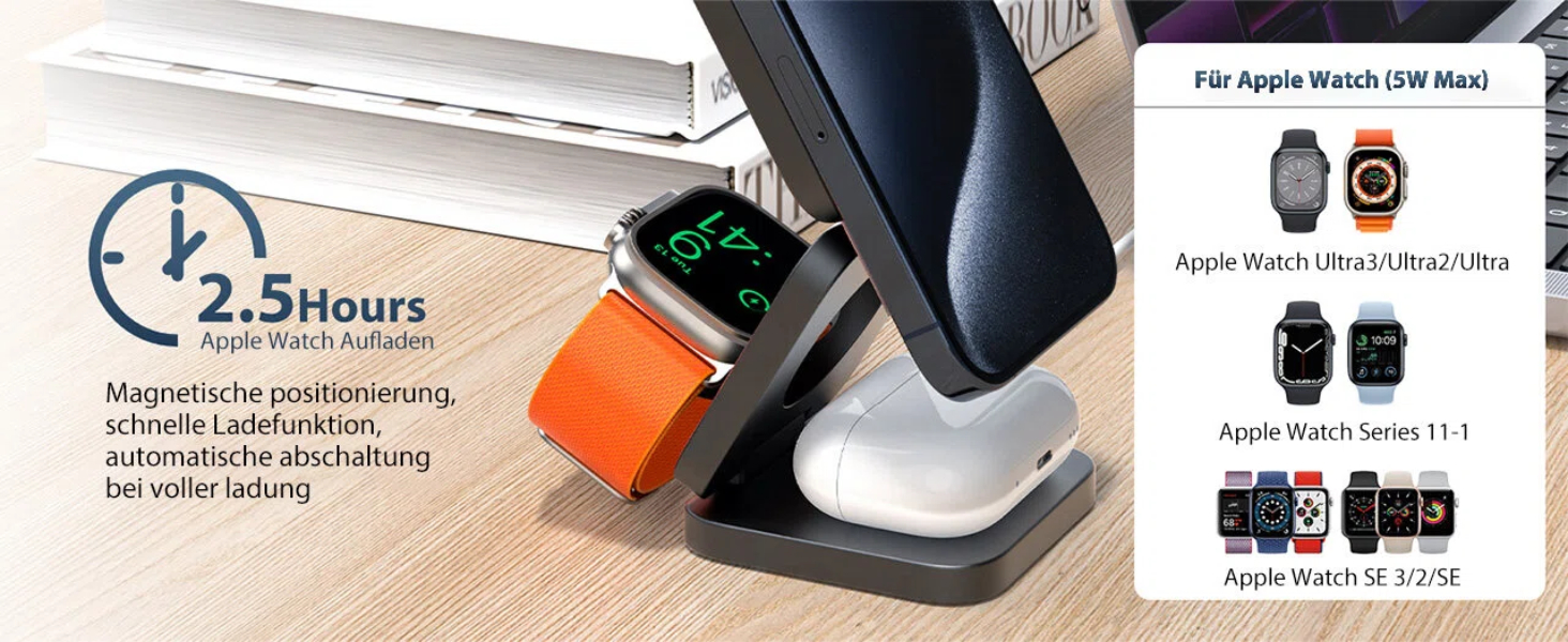 Зарядна станція KU XIU X55 15W MagSafe 3-в-1: для Apple Watch, iPhone 17-12, AirPods + USB-C 30W адаптер, сіра, складана, магнітна