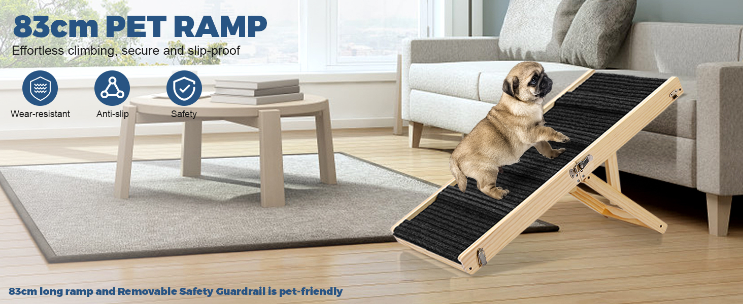 Складана дерев'яна пандус для собак – для ліжка, дивана, авто. Регульована висота 25-52 см, довжина 83 см, ширина 35 см, антиковзка поверхня