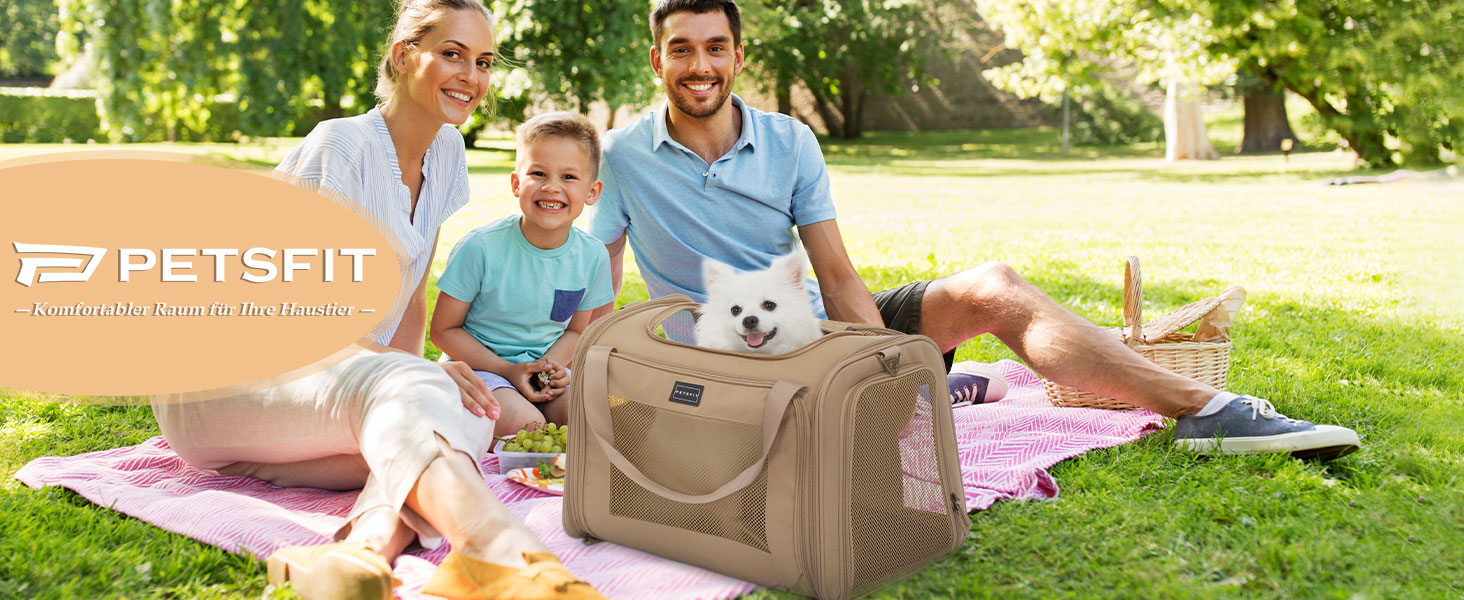 Транспортна переноска для котів та собак Petsfit, складана сумка-переноска, 50L x 33B x 33H см, з м'яким розкладним килимком та регульованим плечовим ременем, Khaki