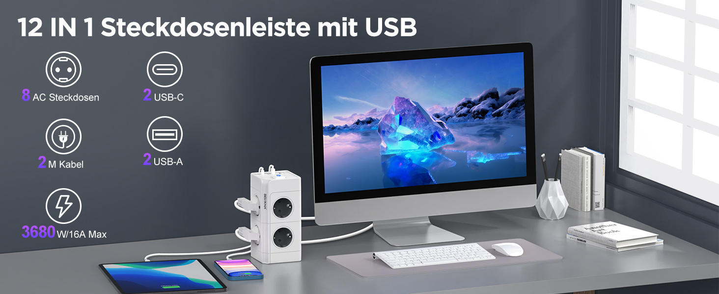 Мережевий фільтр з 4 розетками та 4 USB-портами, настінний, 4000W, 16A, з перетворювачем напруги, білий