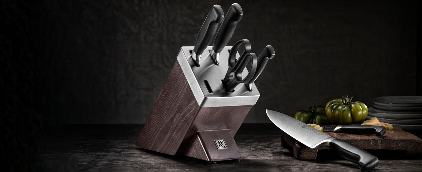 ZWILLING Vier Sterne Self-Sharpening Knife Block Set - 7 Piece German Stainless Steel Knife Set with Scissors & Black Handles