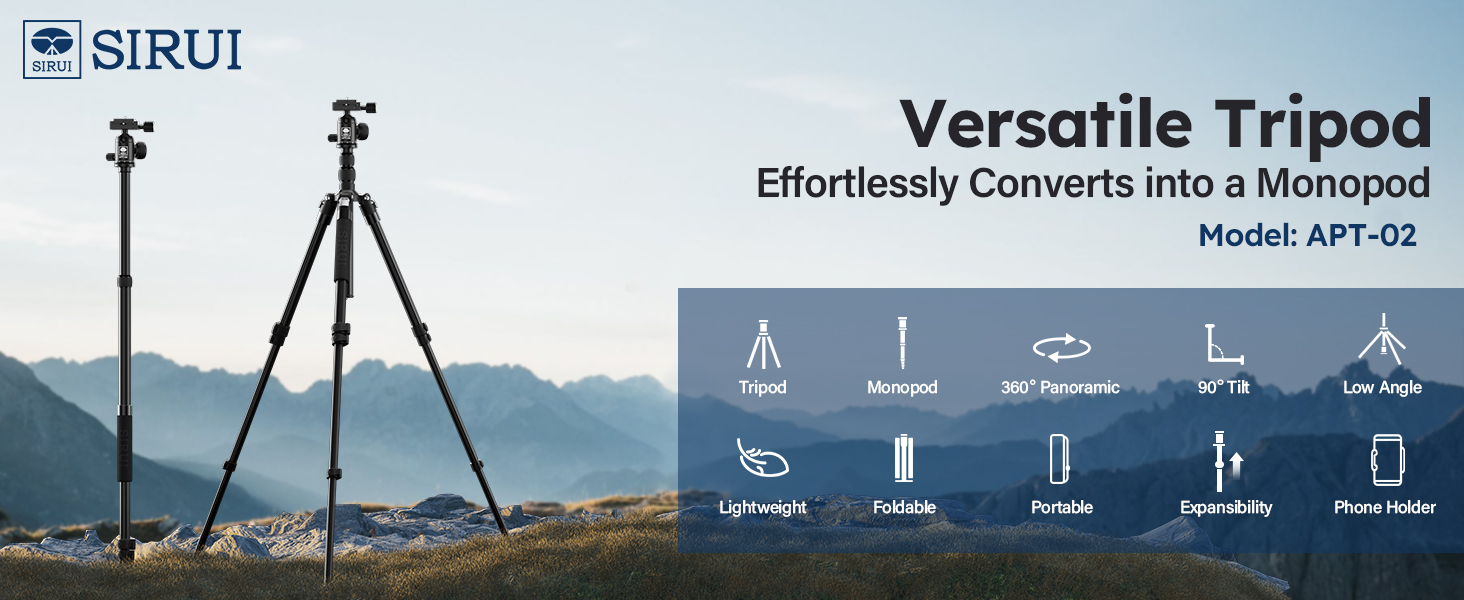 Штатив і монопод SIRUI APT-02 2-в-1 з кульковою головкою 360° | Висота 200 см, вантажопідйомність 10 кг | Для DSLR, смартфонів та екшн-камер | З тримачем для телефону та сумкою