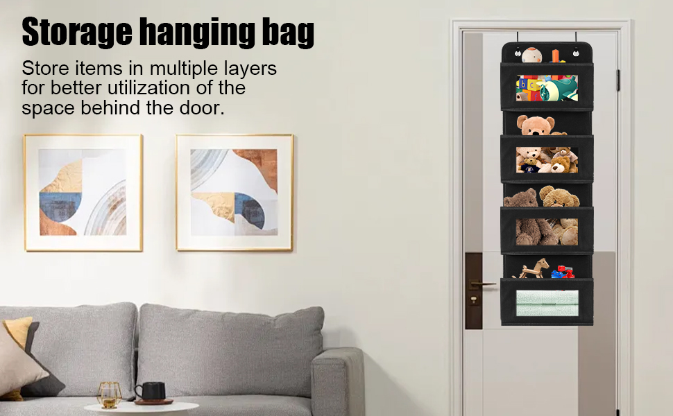 Настінна вішалка-органайзер на двері з 4 великими кишенями та прозорим вікном, 2 металеві гачки, чорний колір, для спальні, офісу, дитячої кімнати