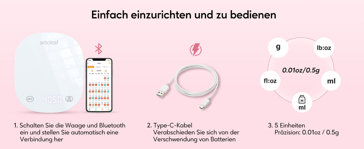 Кухонні ваги Arboleaf Digital з App, 10kg/0.5g, Bluetooth, підрахунок калорій, USB-зарядка, скло, функція тарування (білий)