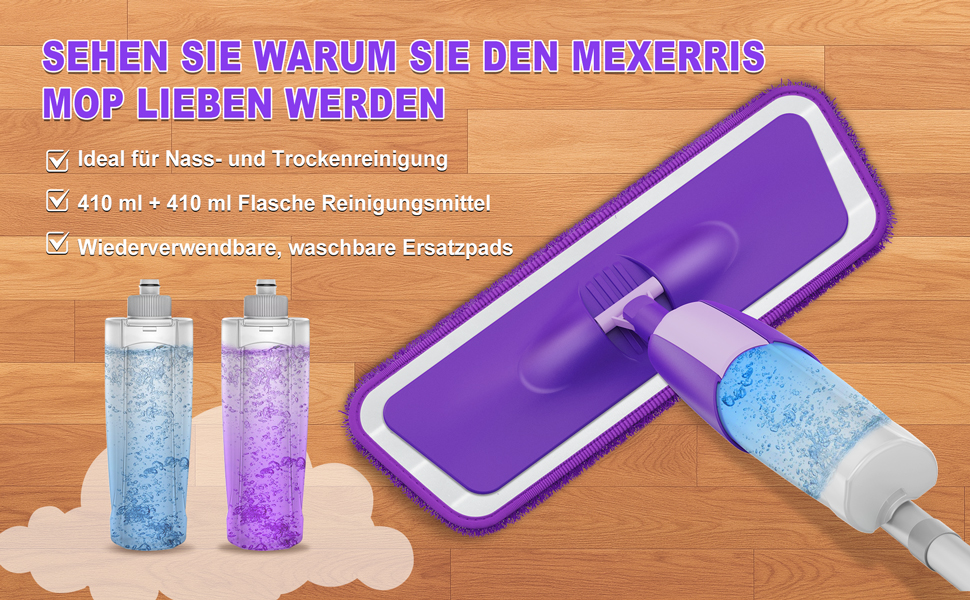 MEXERRIS Спрей-моп 360° з 3 змінними насадками та баком 410 мл для всіх типів підлоги (фіолетовий)