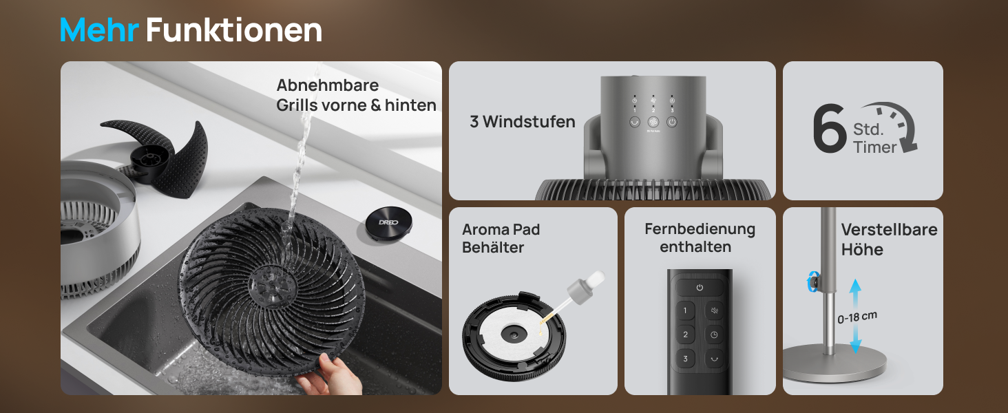 Вентилятор Dreo Leiser: турецький, з дистанційним керуванням, 1444 м³/год, осциляція, таймер 6 годин, функція ароматерапії, сірий