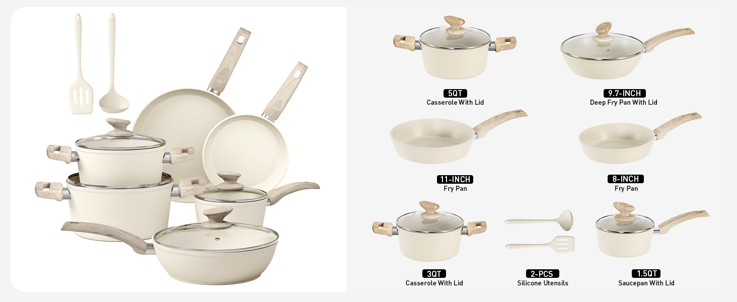 Набір посуду Kitchen Academy 12 предметів: каструлі та сковороди з антипригарним покриттям. Підходить для Induktion, газових та мікрохвильових плит, бежевий
