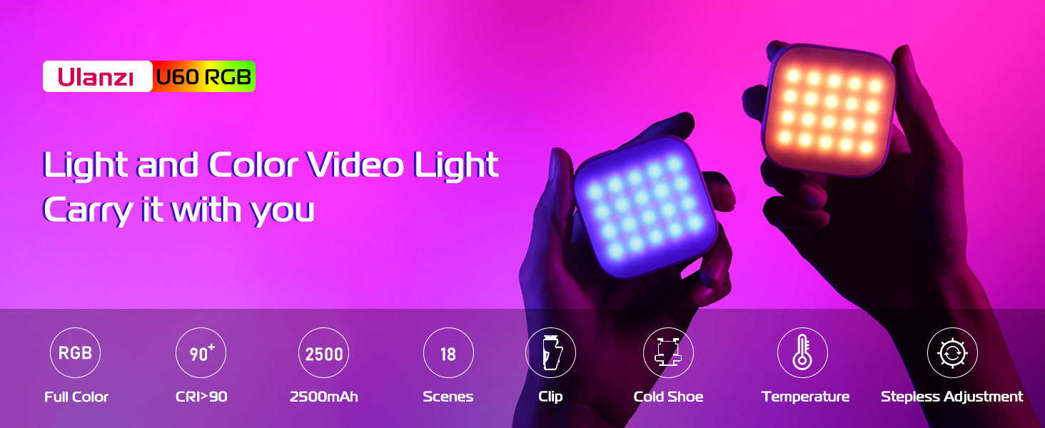 ULANZI U60 RGB LED Відеолампа: портативна фотоосвітлення з регулюванням температури кольору (2500-9000K), CRI 95+, 2500mAh, з кріпленням Cold Shoe та кліпсою