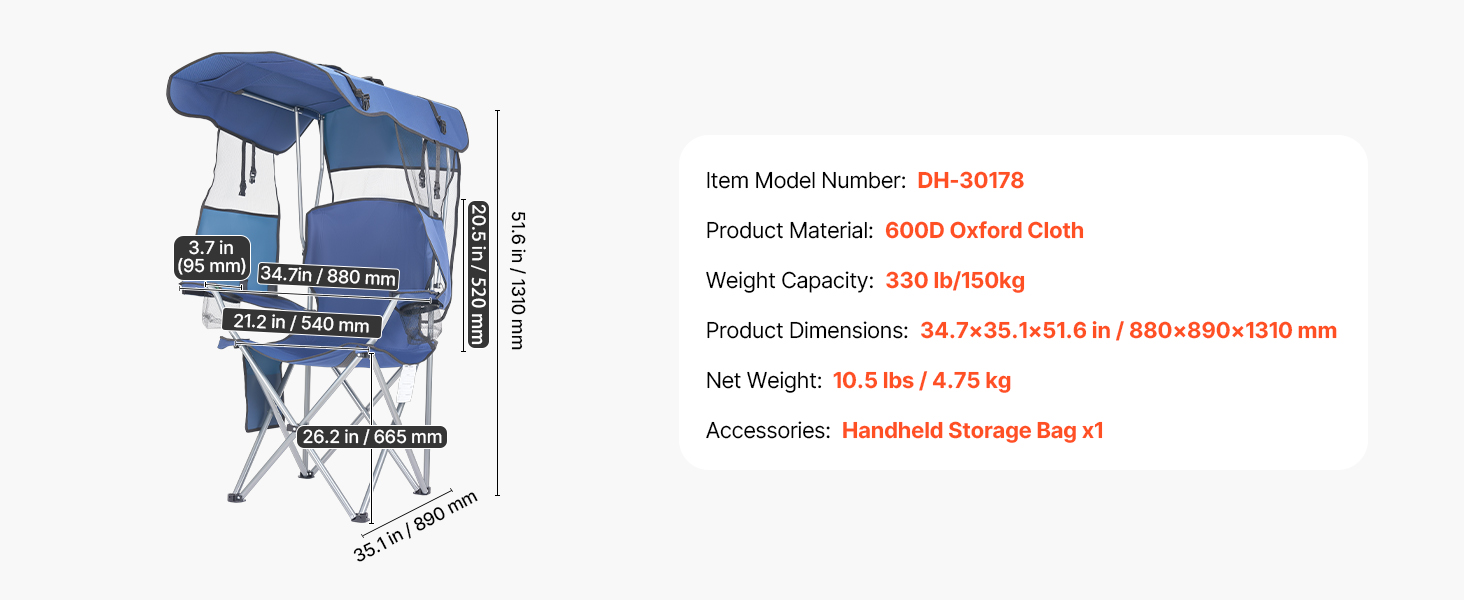 Складний стілець VEVOR для кемпінгу, риболовлі та пікніків, 150 кг, з парасолькою, підсклянниками та кишенею для журналів, темно-синій