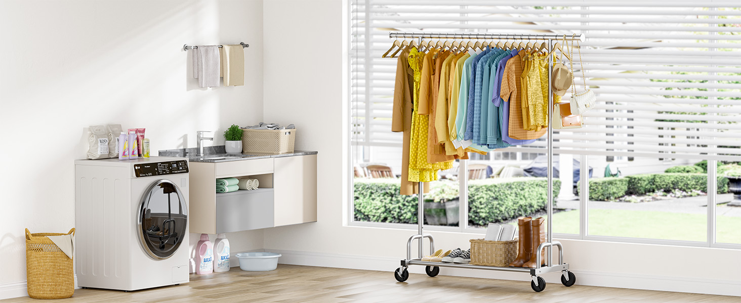 Вешалка для одягу на колесах, з полицею та широкою перекладиною, 116 x 43 x 150 см, сріблястого кольору