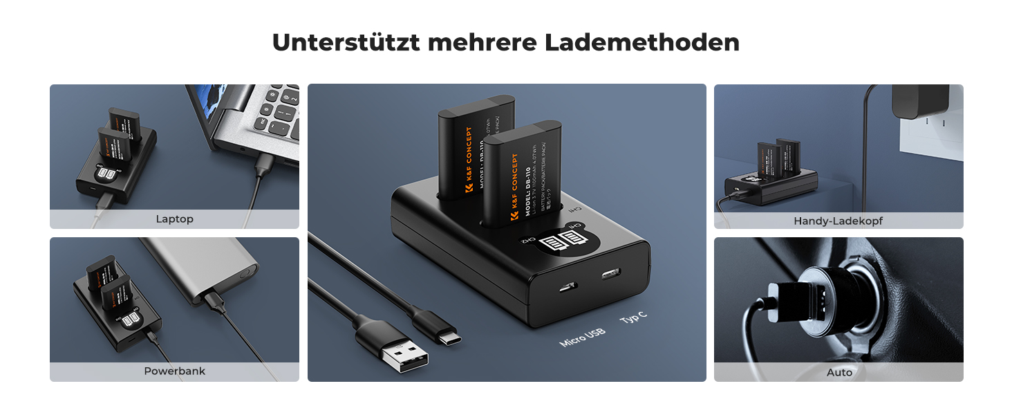 Акумулятор K&F CONCEPT DB-110 1100mAh 2 шт. з зарядним пристроєм Dual Slot, сумісний з Ricoh GR III, GR IIIx, Theta X, WG-6, G900 II, G900SE II, Olympus TG7/6/5/4