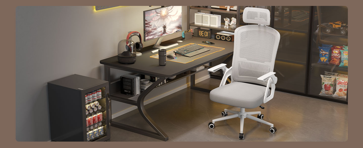 Офісний крісло Naspiro Ergonomic, регульована висота, поворотне, з дихаючою спинкою з сітки, відкидні підлокітники на 90°, підтримка попереку, щільна піна, для дому/офісу (Сірий-1, з підголовником)