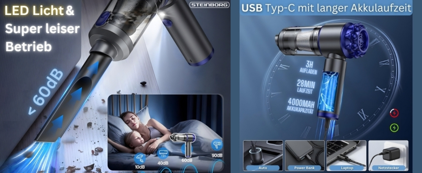 Steinborg® Акумуляторний ручний пилосос 7-в-1 з турбо-режимом 16000Pa, для дому, авто та тварин, з LED підсвіткою та 7 насадками