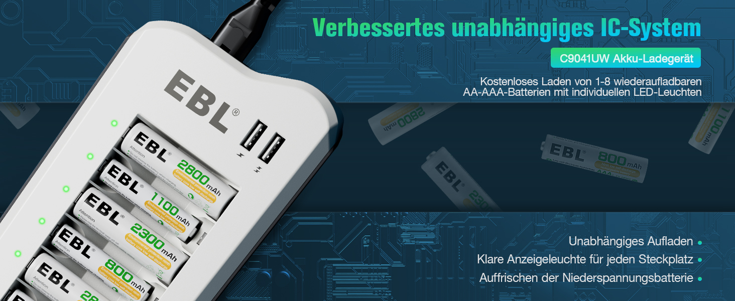 Зарядний пристрій EBL для акумуляторів AA/AAA NI-MH/NI-Cd та USB пристроїв, 8 слотів, LED дисплей, 2 USB порти (без акумуляторів)