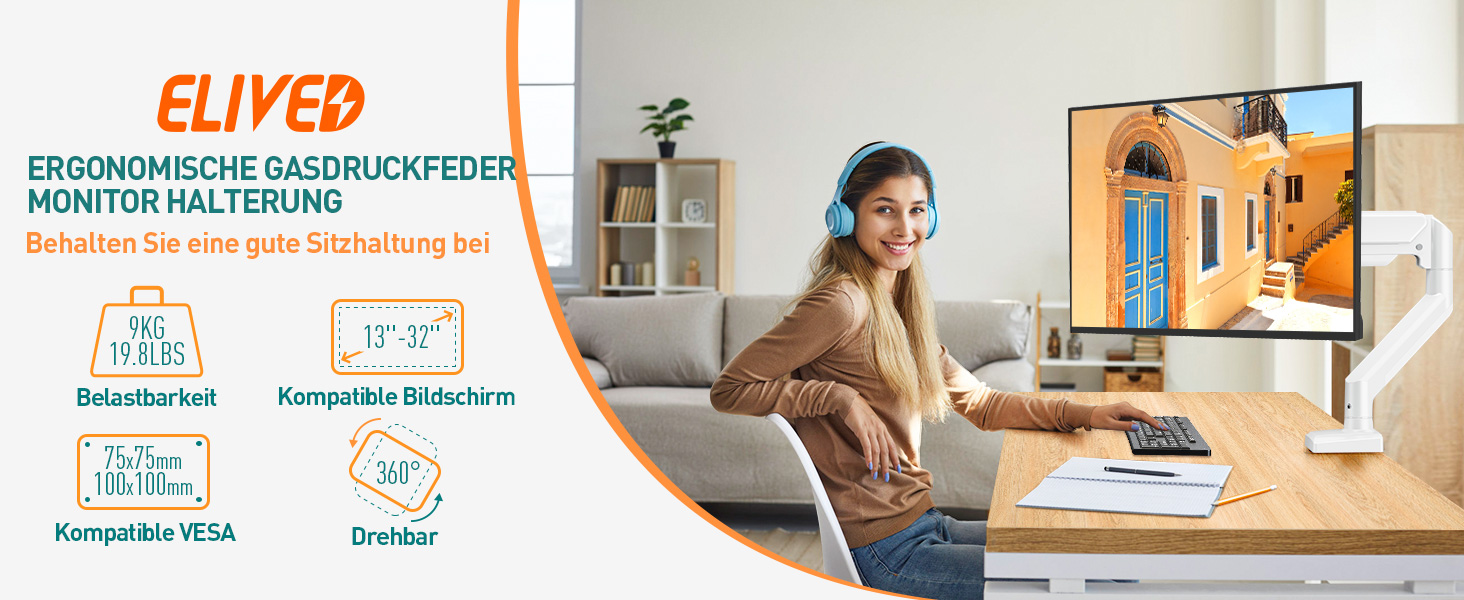 Кріплення для монітора ELIVED EV004W: газ-амортизатор, регулювання висоти, нахил, поворот, VESA 75/100mm (13-32 дюйми)