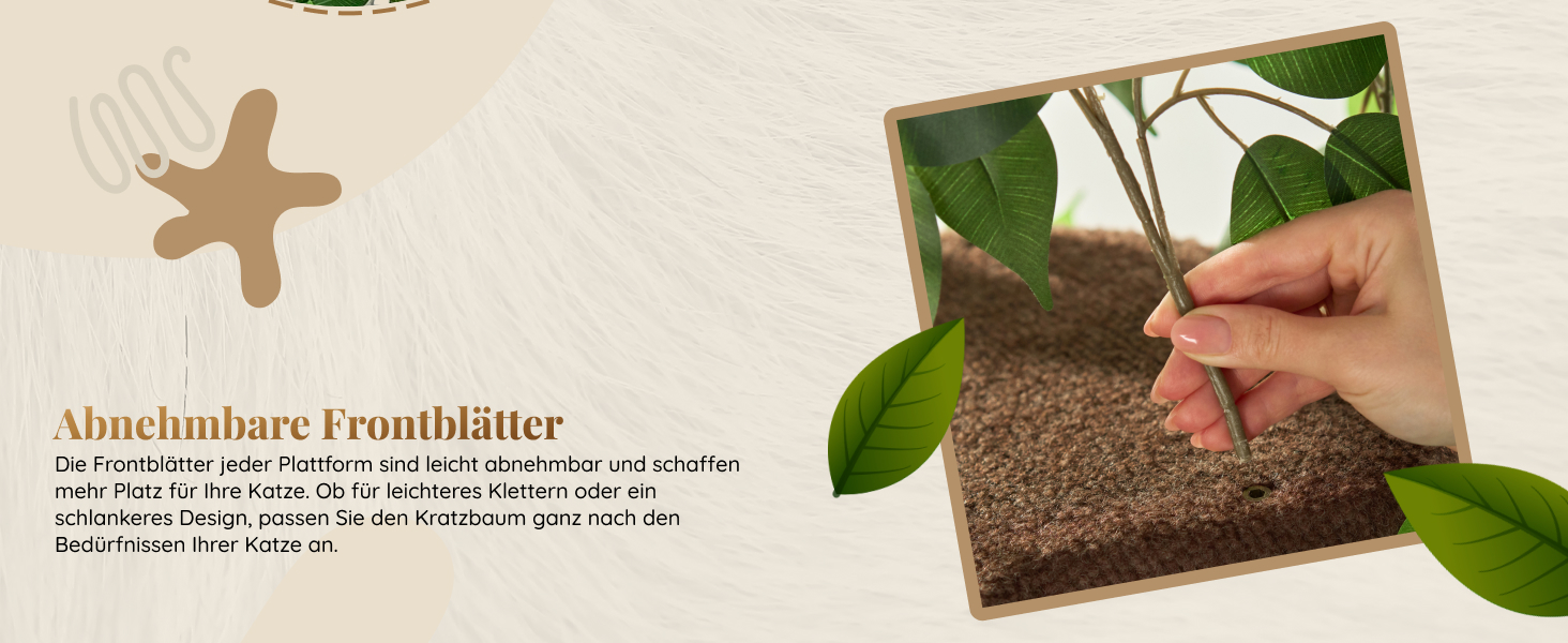 Дерево для котів з листям – Стабільний та компактний – 4 поверхні для дряпання та 3 стовпчики – Ідеально для лазіння, ховання та сну – Легка збірка – Безпечний та довговічний cat tree з натуральних матеріалів