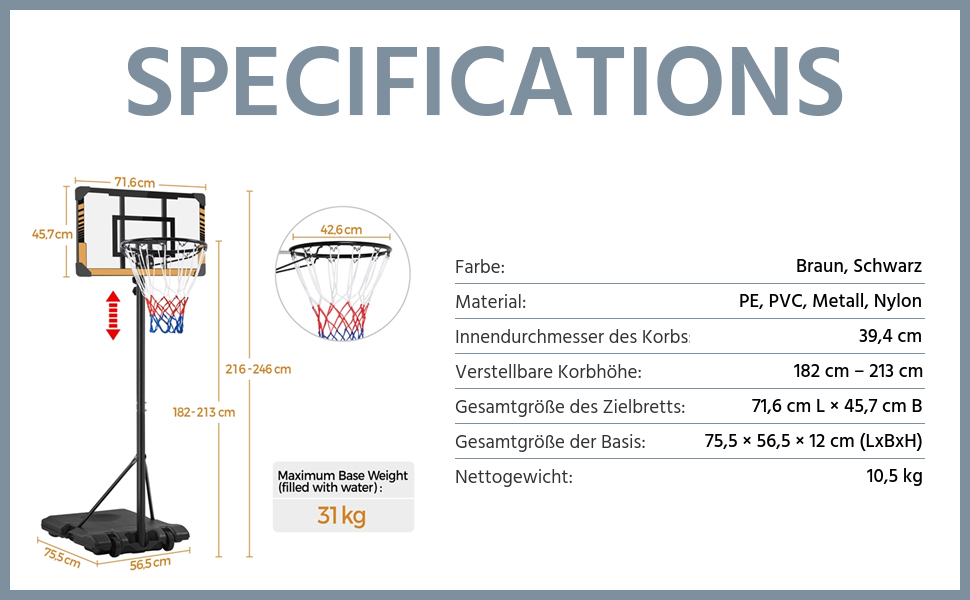 Yaheetech Adjustable Height Basketball Stand with Wheels - Mobile Basketball Hoop, Water or Sand Fillable, Indoor/Outdoor Basketball System - 226.5cm - 256.5cm