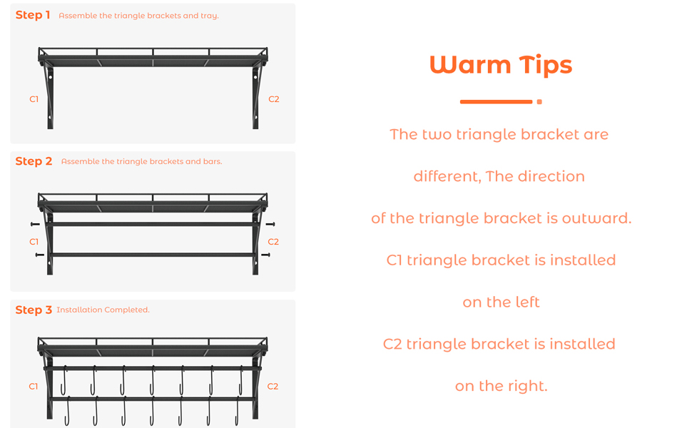 OROPY Pot Rack, 3-Tier Iron Kitchen Shelf, Wall Mount, Pan Holder with 12 Hooks, 60 * 29.5 * 24.5cm, Kitchen Utensil Holder, Kitchen Wall Shelf for Pots and Pans