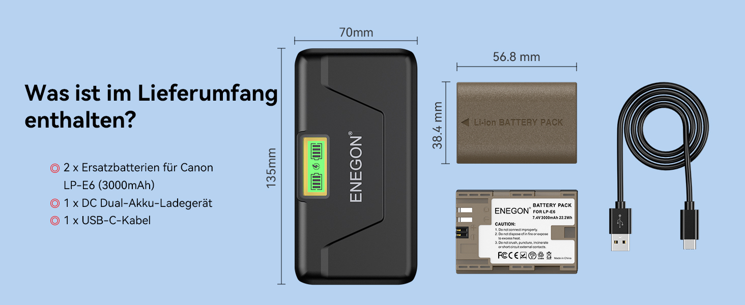 Зарядний пристрій ENEGON LP-E6/LP-E6N 20W з двома акумуляторами (2x 3000mAh) для Canon EOS 5D, 6D, 7D, 60D, 70D, 80D, 90D, XC10, XC15, з LCD-дисплеєм