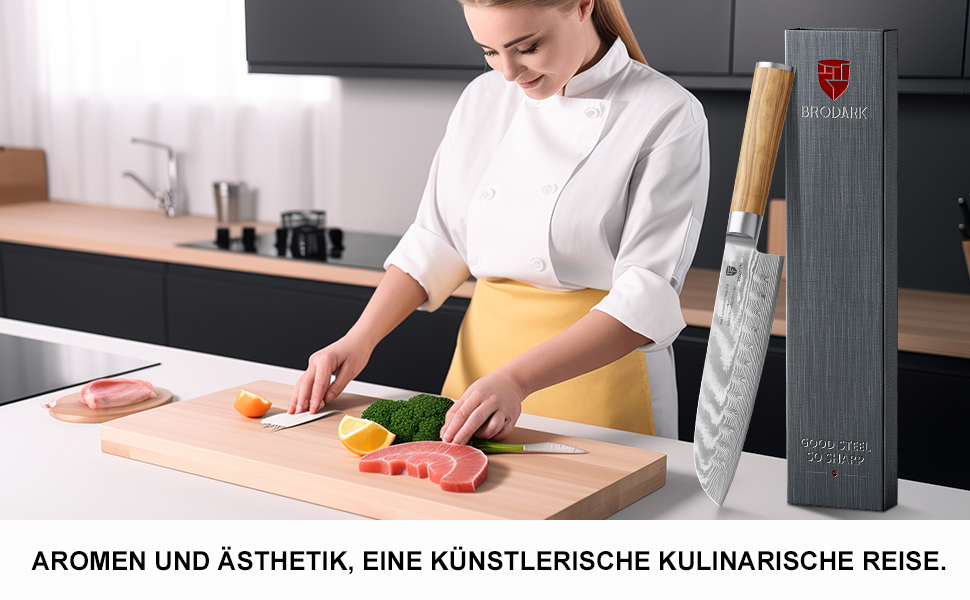 BRODARK Кухонний ніж для приготування їжі Дамаск, японський, VG10 сталевий клинок, професійний, ручка з оливкового дерева, нержавіюча сталь, 7 дюймів