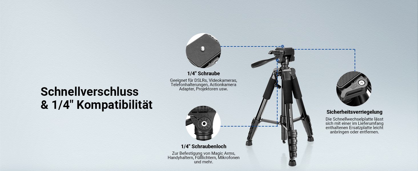 Полегшений алюмінієвий штатив для камери та смартфона NEEWER Basics TP56, професійний компактний трипод для подорожей з 3-позиційною нахильною головкою, висота 188 см