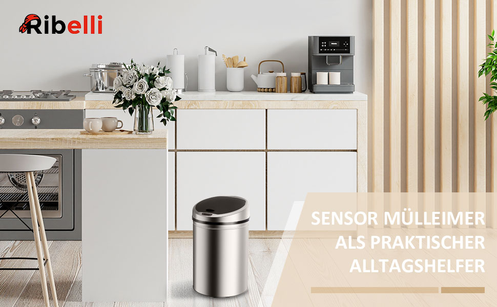 Сміттєве відро Ribelli з датчиком, 30 літрів, хром. Автоматичне відкриття/закриття, LED-індикатор, знімний кришка, Klemmring для пакетів