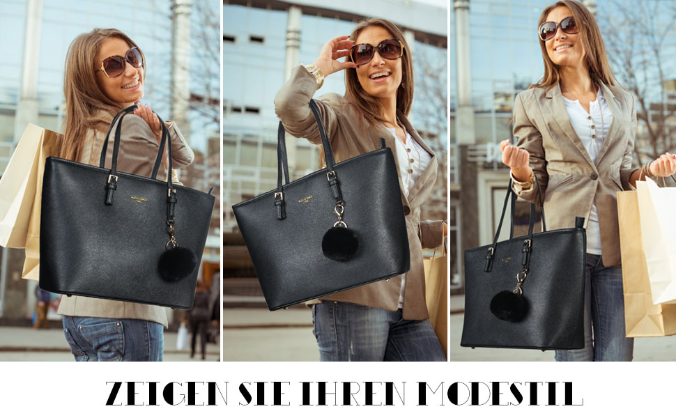 Сумка жіноча URAQT чорна шкіряна, шопер для офісу, школи, покупок з помпоном з хутра кролика та брелоком