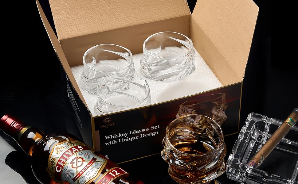 GLASKEY Crystal Whiskey Glasses Set of 4 - 350ml Lead-Free Crystal Glasses for Whiskey, Rum, Vodka, Scotch, Gin, Cognac, Water - Dishwasher Safe